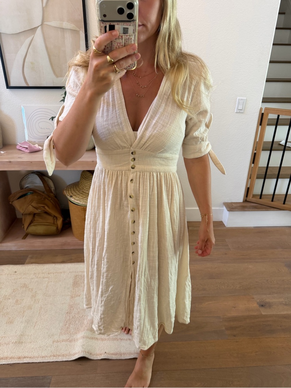 Free People Cream Button-Front Maxi Dress with Tie Sleeves